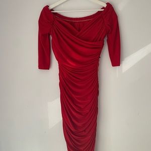 Elegant Red Dress Scrunched Fancy Party Fitted Midi
